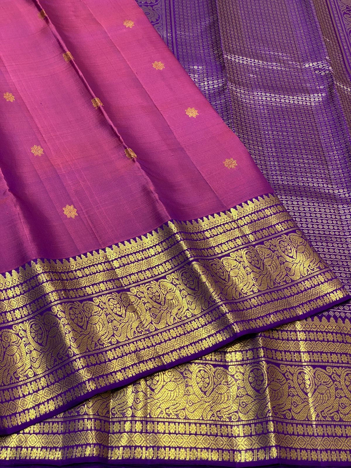 Classic Rhubarb Pink & Violet 2gm Zari Elegance Kanchipuram Handloom Silk Saree SS24696