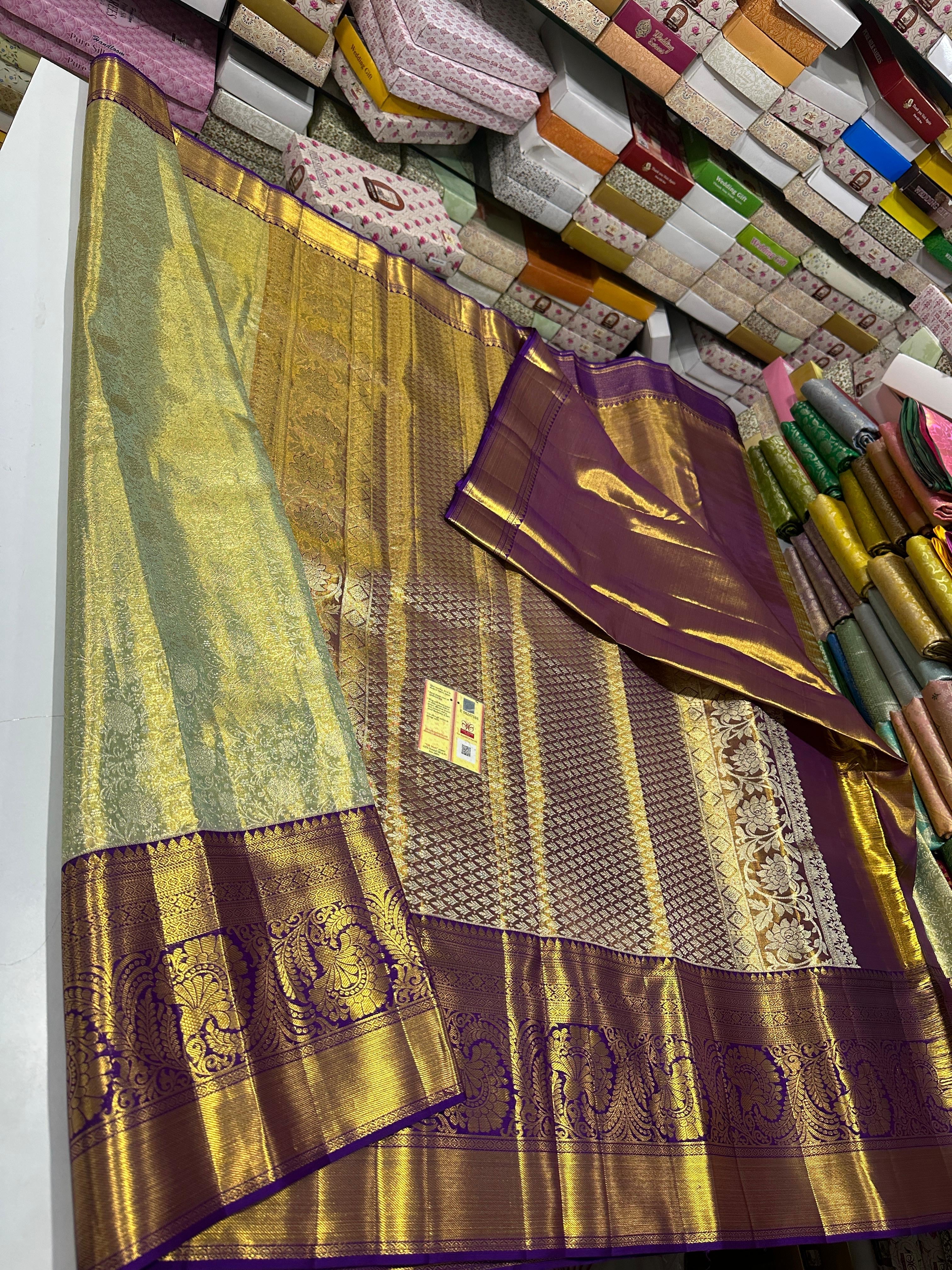 Classic Pastel Green  & Dark Violet Bridal Elegance Kanchipuram Tissue Handloom Silk Saree SS25717