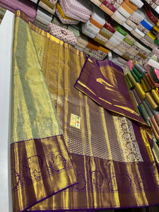 Classic Pastel Green  & Dark Violet Bridal Elegance Kanchipuram Tissue Handloom Silk Saree SS25717