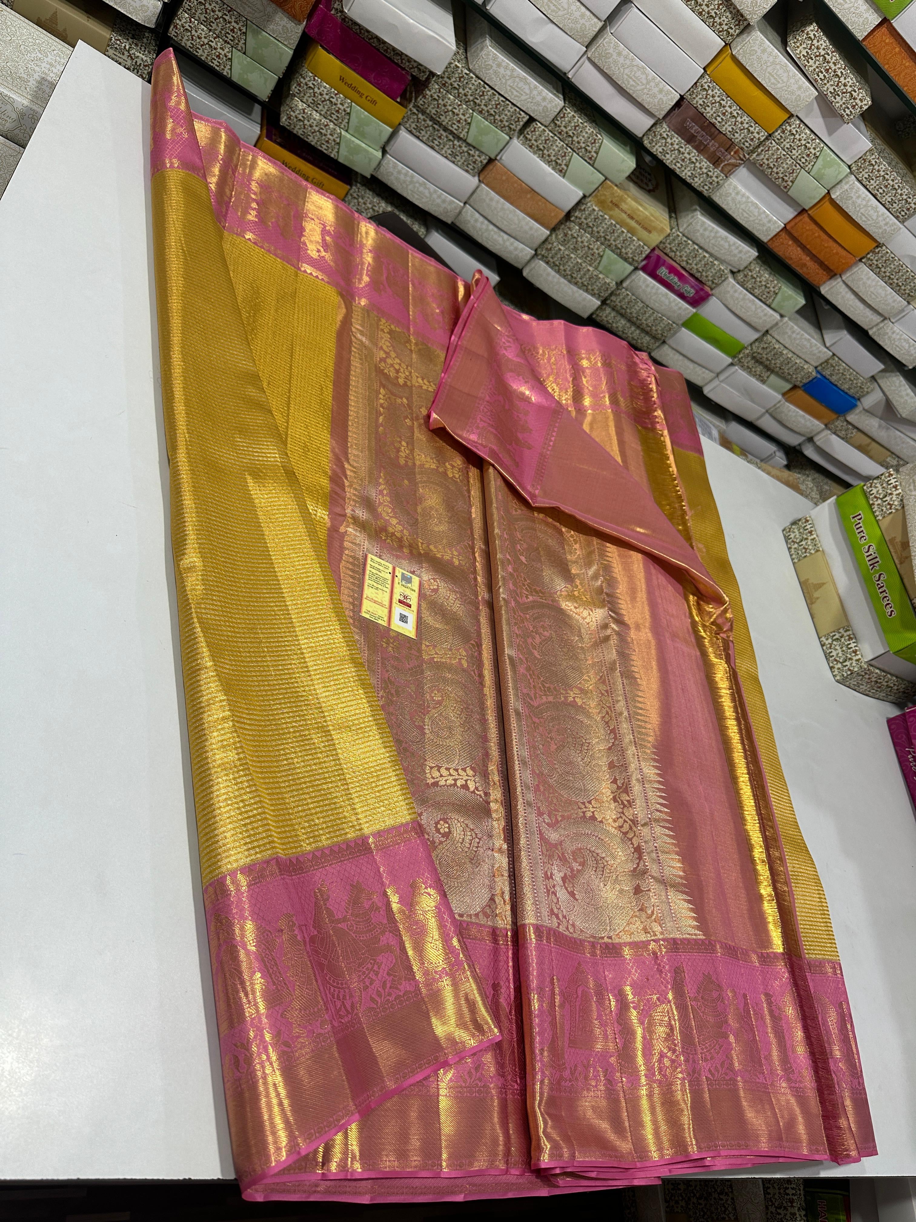 Classic Gold & Pink Bridal Elegance Kanchipuram Tissue Handloom Silk Saree SS23718