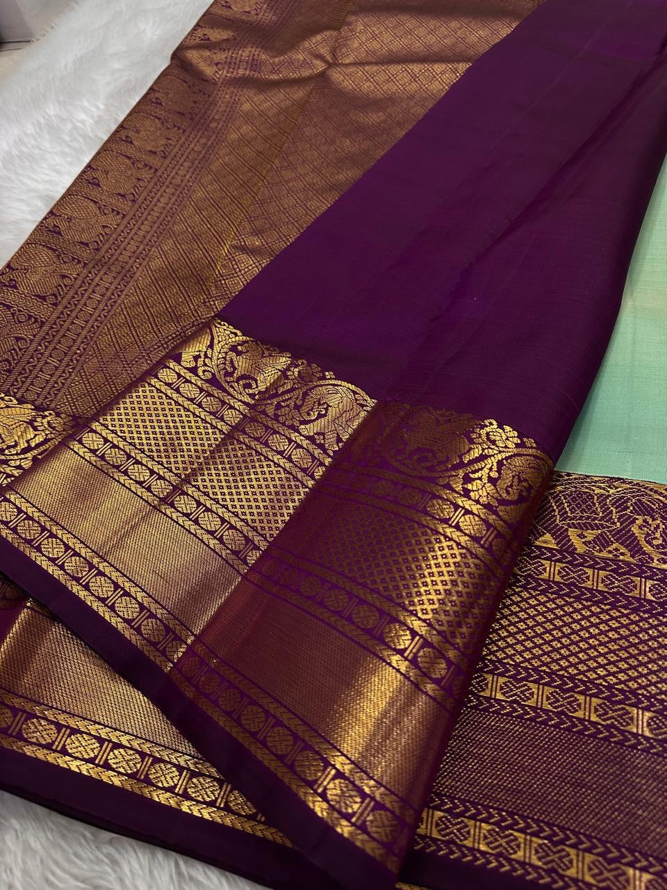 Classic Aqua & Berry Wine 2gm Zari Elegance Kanchipuram Handloom Silk Saree SS24237