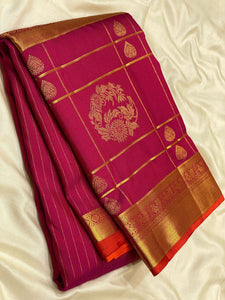 Classic Ruby Pink & Orange 2gm Zari Long Border Elegance Kanchipuram Handloom Silk Saree SS25378