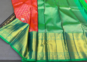 Classic Orange Rose & Sea Green Bridal Elegance Kanchipuram Handloom Silk Saree SS23597