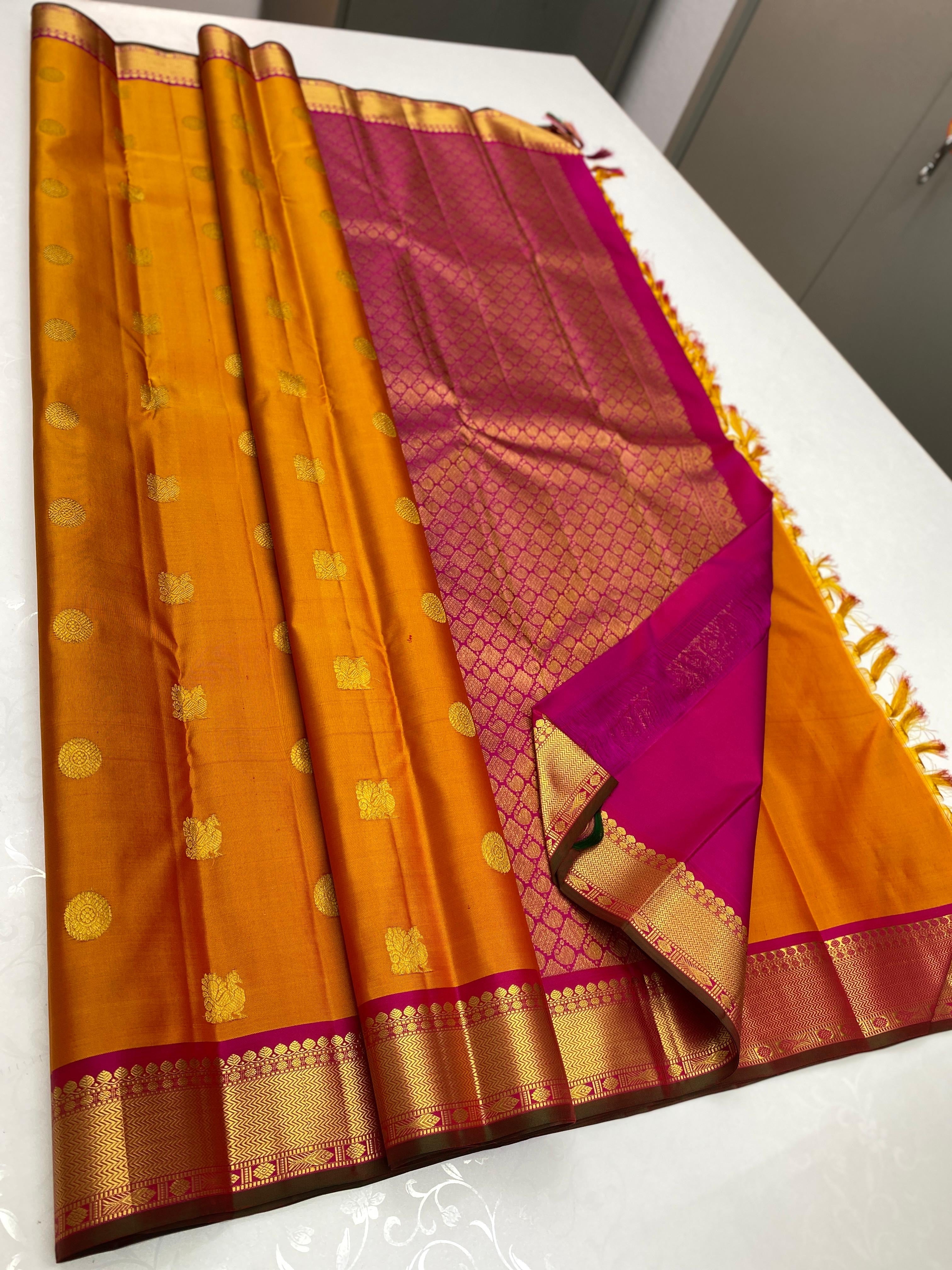 Classic Orange & Pink 2gm Zari Elegance Kanchipuram Handloom Silk Saree SS23751