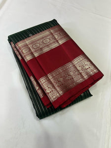 Classic Pine Green & Barn Red 2gm Silver Zari Elegance Kanchipuram Handloom Silk Saree SS25382