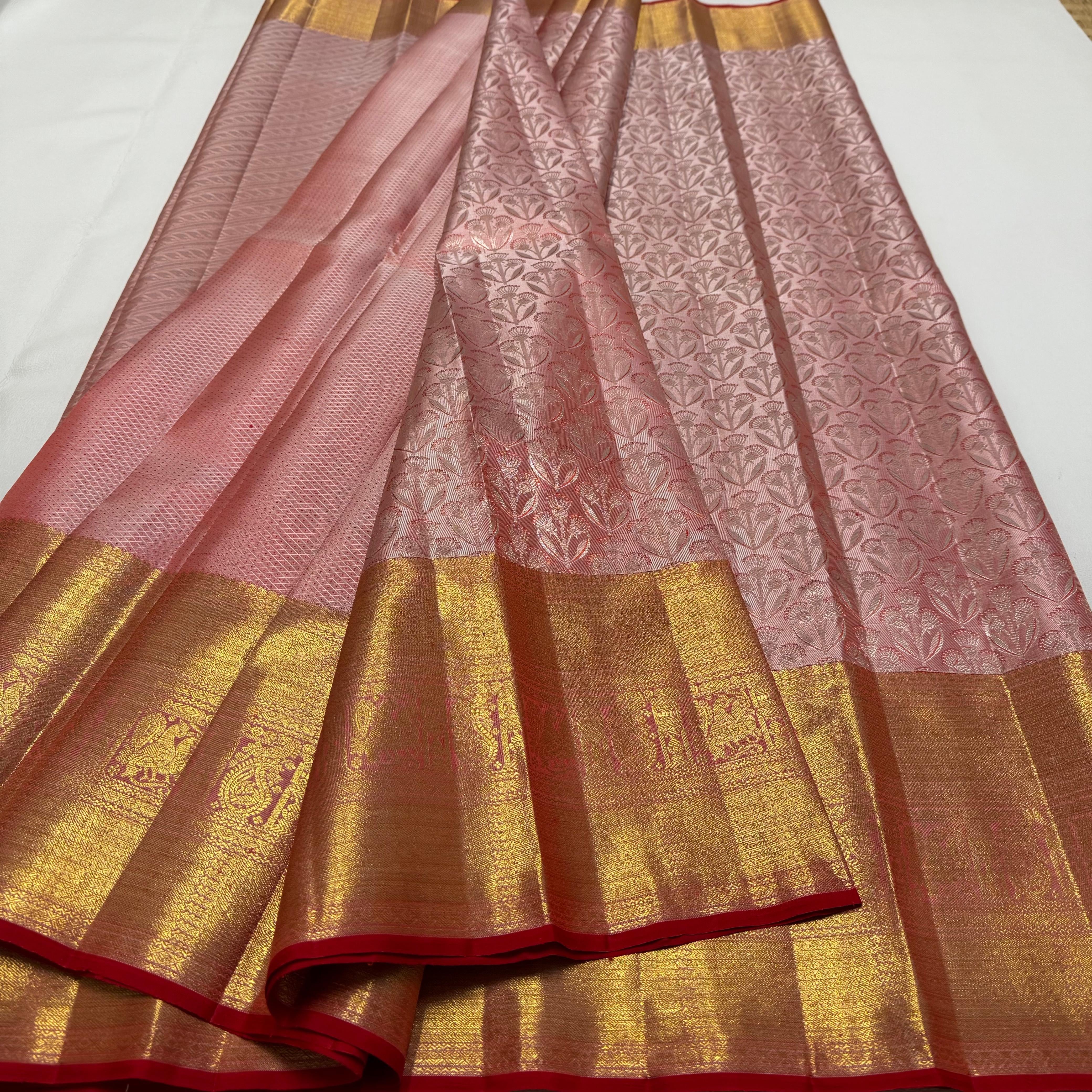 Classic Pastel Pink & Chilli Red Korvai Zari 1gm Zari Bridal Elegance Kanchipuram Handloom Silk Saree SS26057