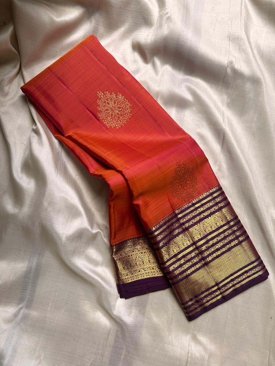 Classic Burnt Orange & Plum 2gm Zari Bridal Elegance Kanchipuram Handloom Silk Saree SS24765