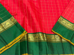 Classic Tomato Red & Green Vintage Silver Checks Korvai 1gm Zari Kanchipuram Handloom Silk Saree SS26274