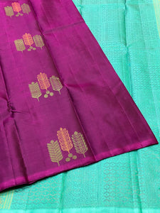 Classic Wine Red & Aqua 1gm Zari Elegance Kanchipuram Handloom Silk Saree SS23545