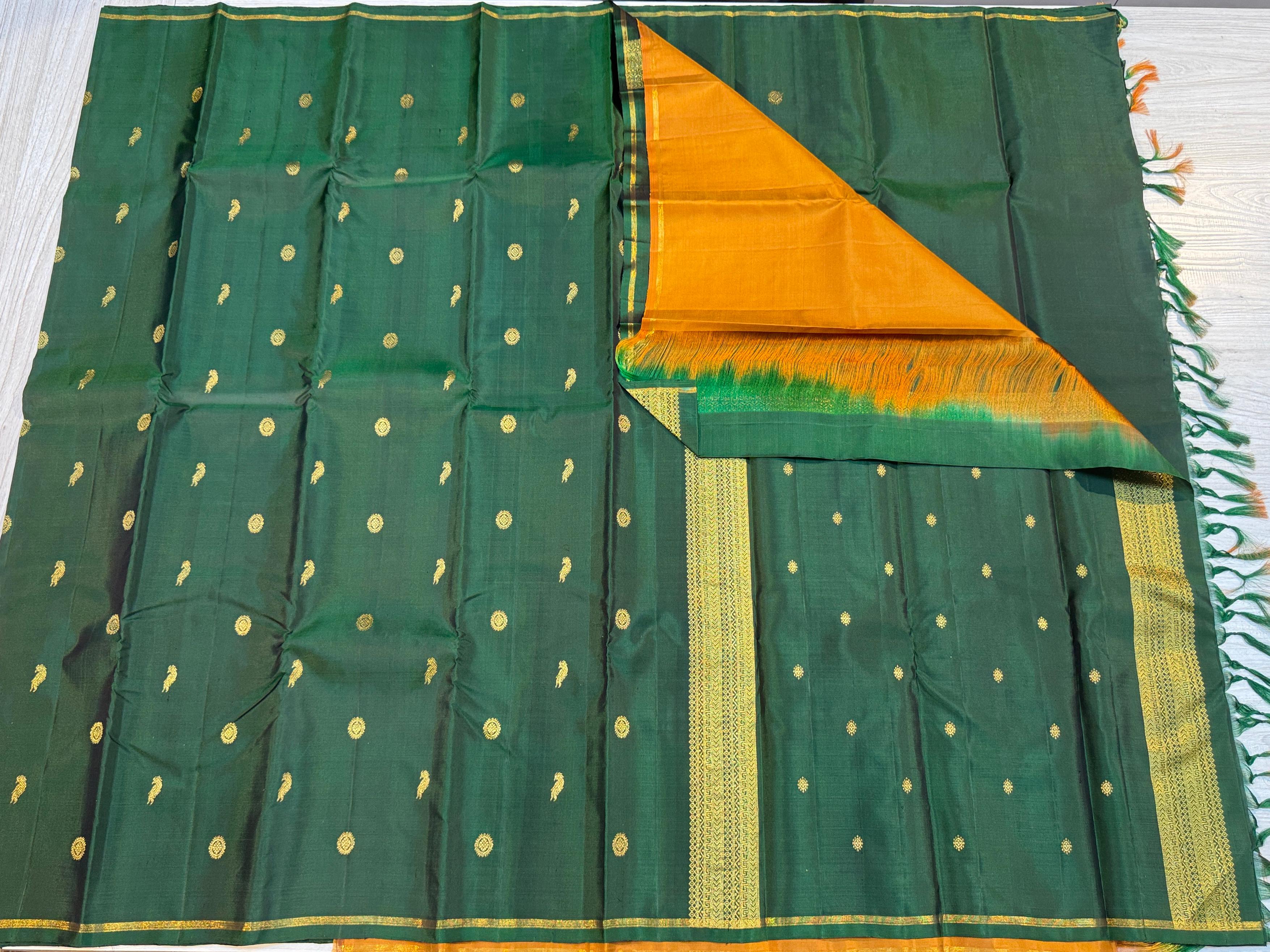 Classic Green & Mustard 2gm Zari Kanchipuram Handloom Silk Saree SS26568