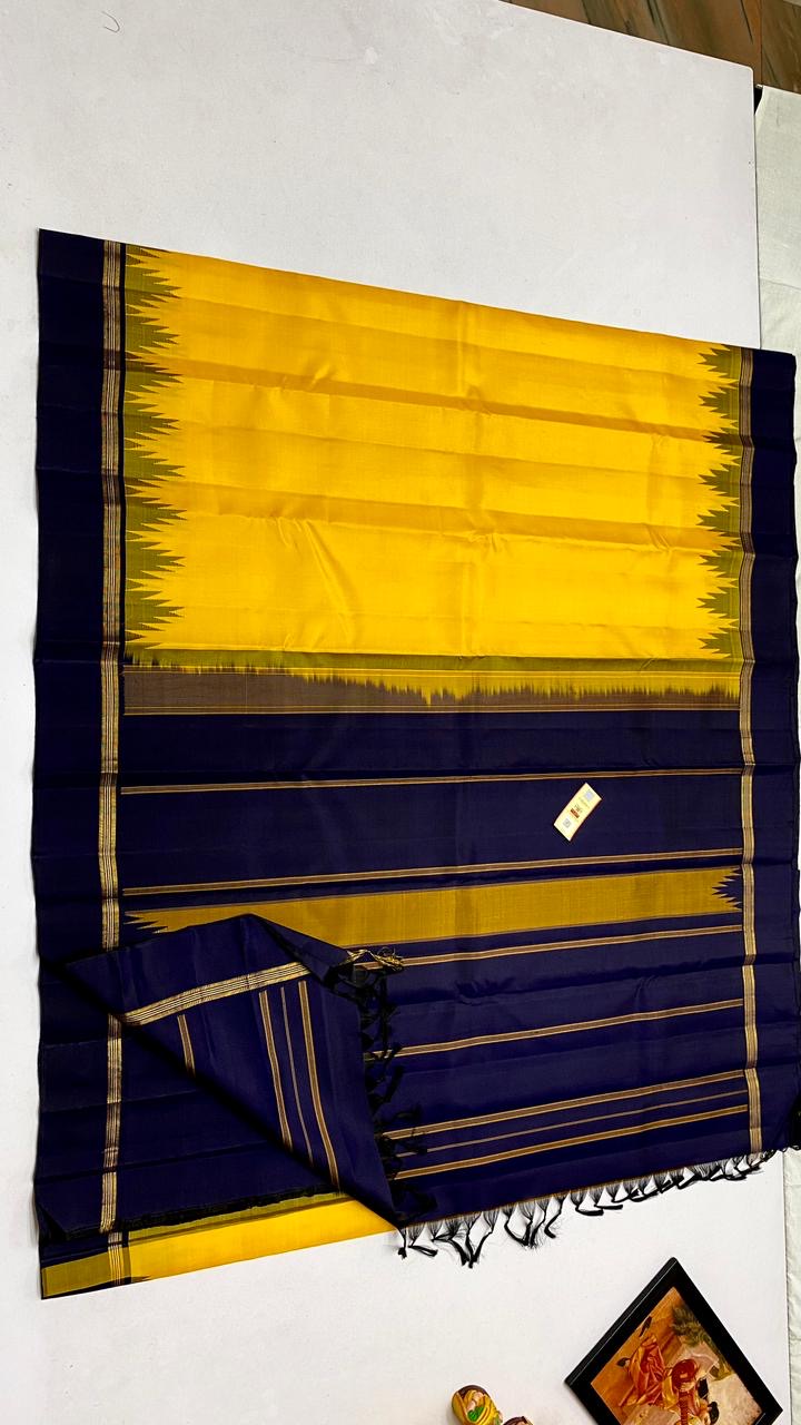 Classic Sunny Yellow & Black Blue Elegance Kanchipuram Handloom Silk Saree SS25383