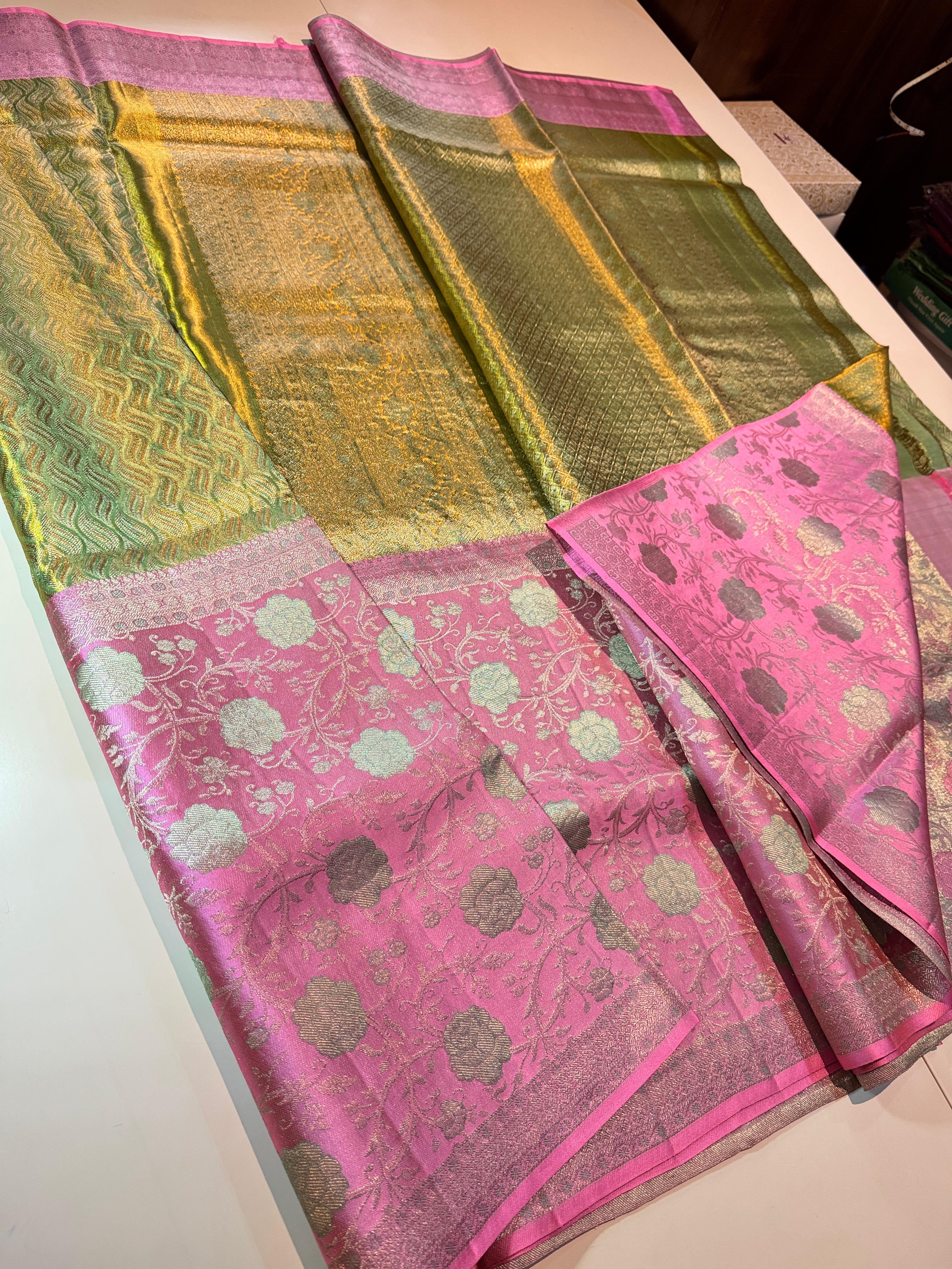 Classic Light Green & Pink 4D Handmade Brocade Meenakari Designed Bridal Elegance Kanchipuram Handloom Silk Saree SS25407