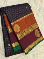 Load image into Gallery viewer, Classic Charcoal Black &amp; Garnet Red Oosi Checks 2gm Zari Elegance Kanchipuram Handloom Silk Saree SS27203
