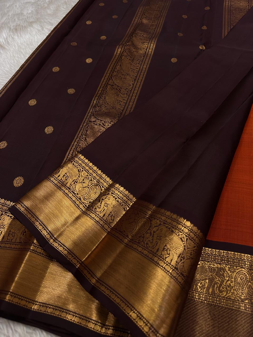 Classic Orange & Mud Chocolate Kanchipuram Handloom Silk Saree SS25958