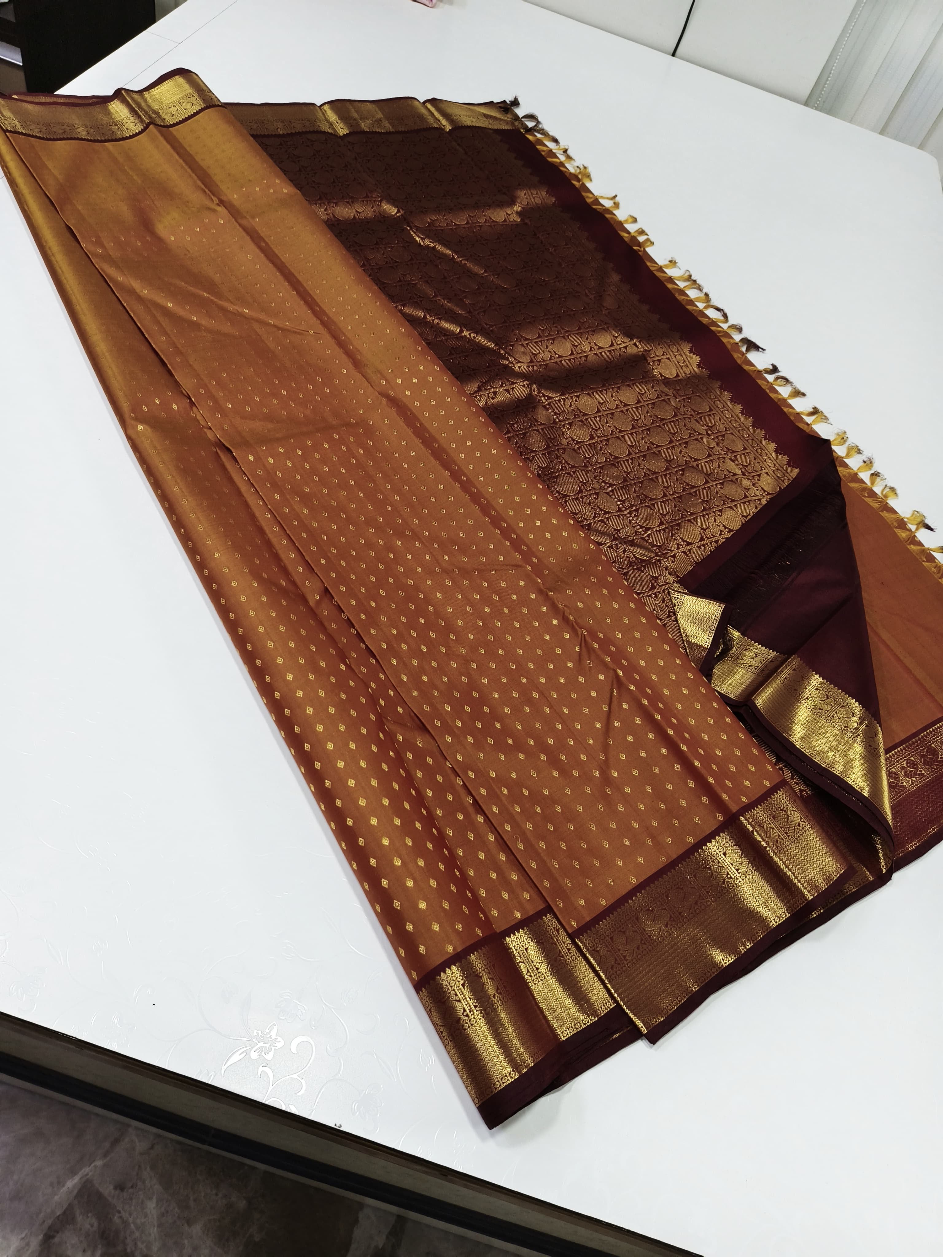 Classic Mustard & Coffee Brown 2gm Zari Elegance Kanchipuram Handloom Silk Saree SS24331