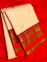 Load image into Gallery viewer, Classic Butter Cream &amp; Maroon 2gm Zari Elegance Kanchipuram Handloom Silk Saree SS28270
