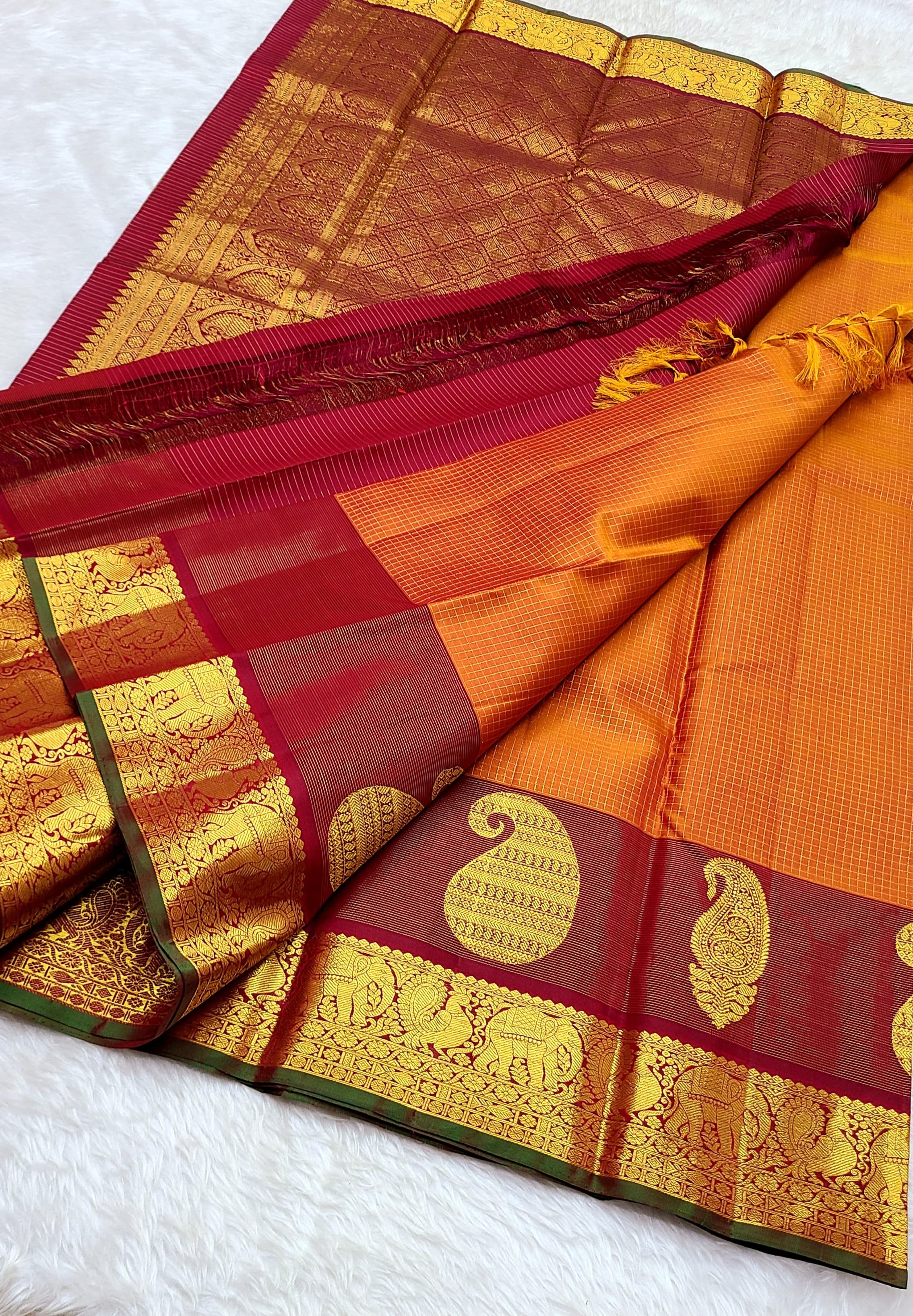 Classic Apricot Orange 2gm Zari Kanchipuram Handloom Silk Saree SS26365