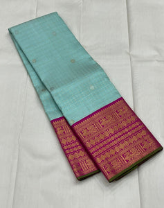 Classic Ice Blue & Deep Pink 2gm Zari Silver & Butta Korvai Elegance Kanchipuram Silk Saree SS24018