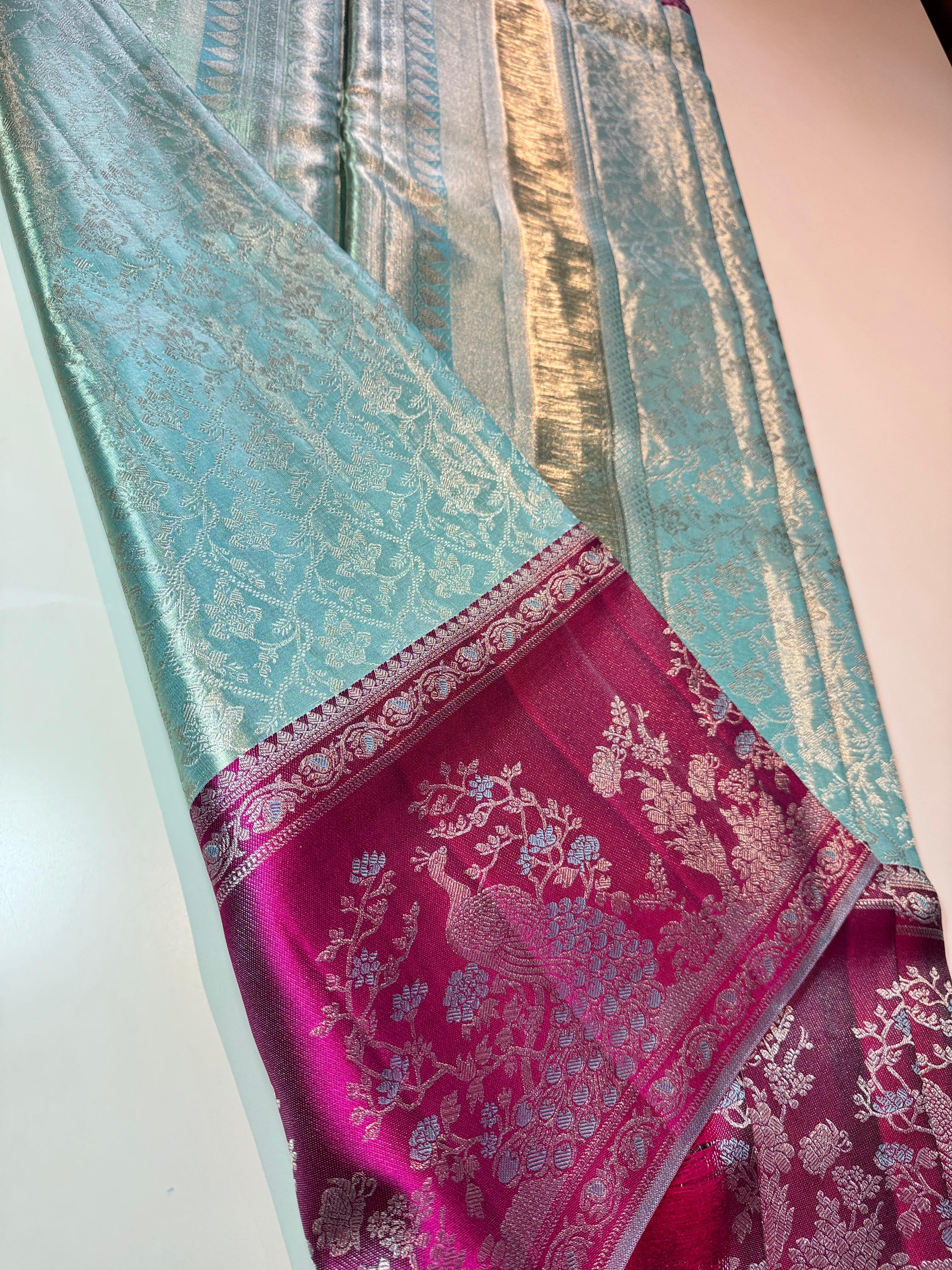 Classic Aqua & Deep Pink Meenakari Brocade Bridal Elegance Kanchipuram Handloom Silk Saree SS25334