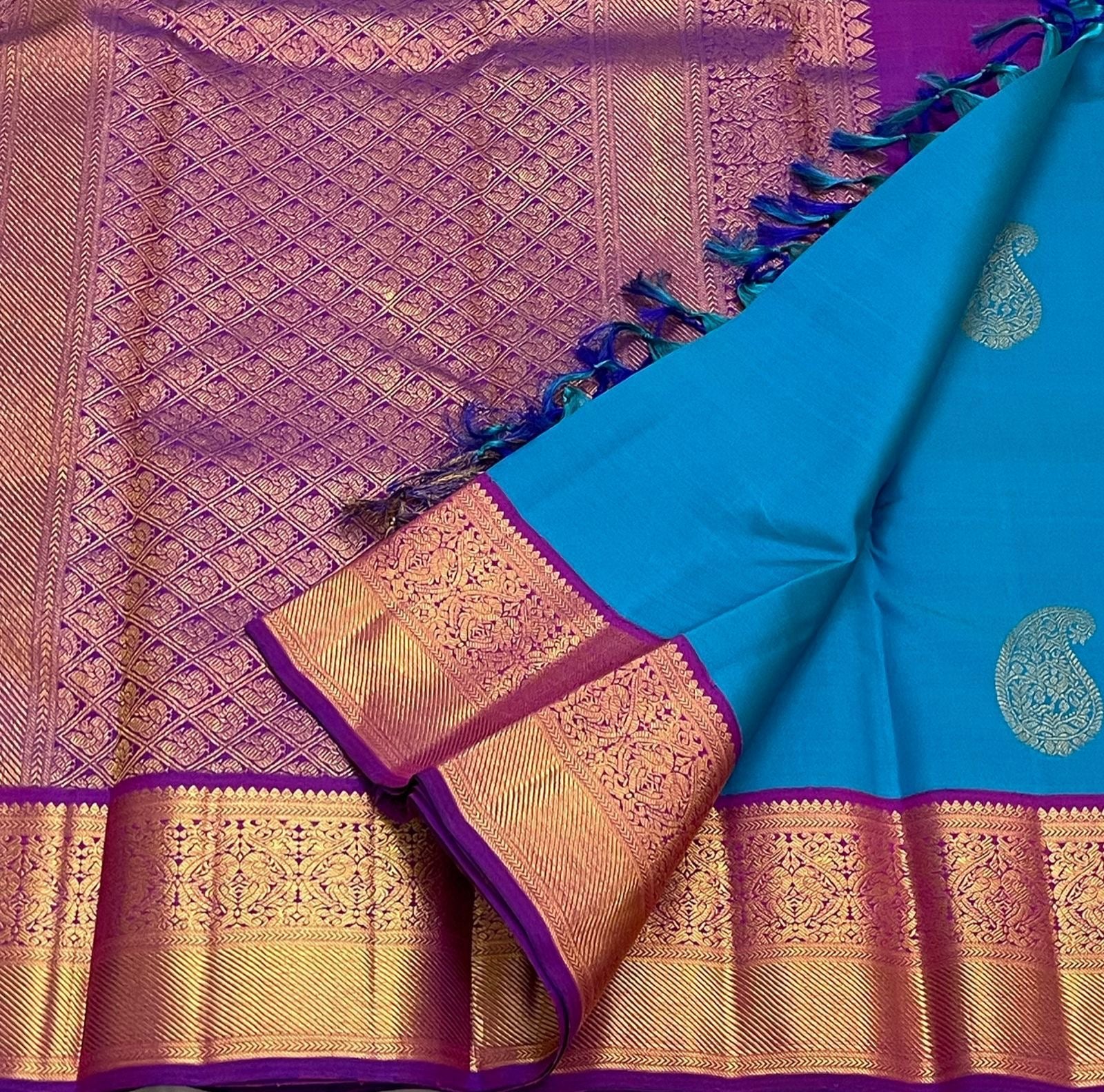 Classic Azure Blue & Berry Purple 1gm Zari Korvai Elegance Kanchipuram Handloom Silk Saree SS24455