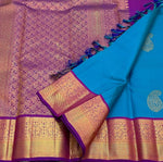 Load image into Gallery viewer, Classic Azure Blue &amp; Berry Purple 1gm Zari Korvai Elegance Kanchipuram Handloom Silk Saree SS24455
