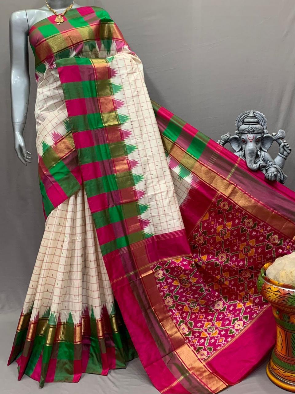 Classic Butter Cream & Pink Green Ikkat Elegance Handloom Soft Silk Saree SS23144