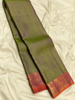 Load image into Gallery viewer, Dual Fern Green &amp; Orange 2gm Zari Vaira Oosi Elegance Kanchipuram Handloom Silk Saree SS25381
