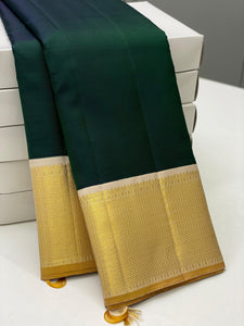 Classic Bottle Green & Beige 2gm Zari Korvai Elegance Kanchipuram Handloom Silk Saree SS20659
