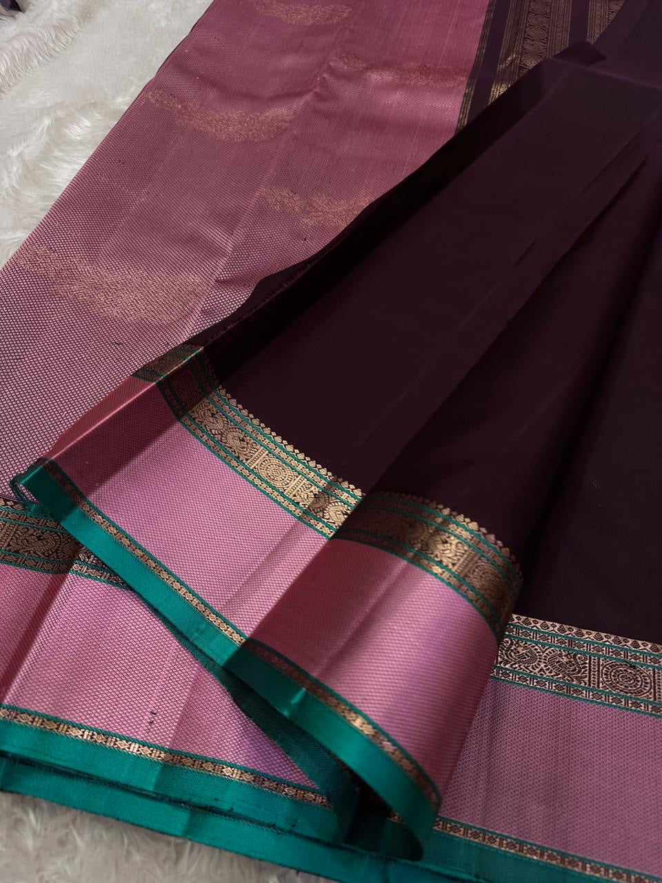 Classic Dark Espresso Brown & Pink 2gm Zari Elegance Kanchipuram Silk Saree SS23949