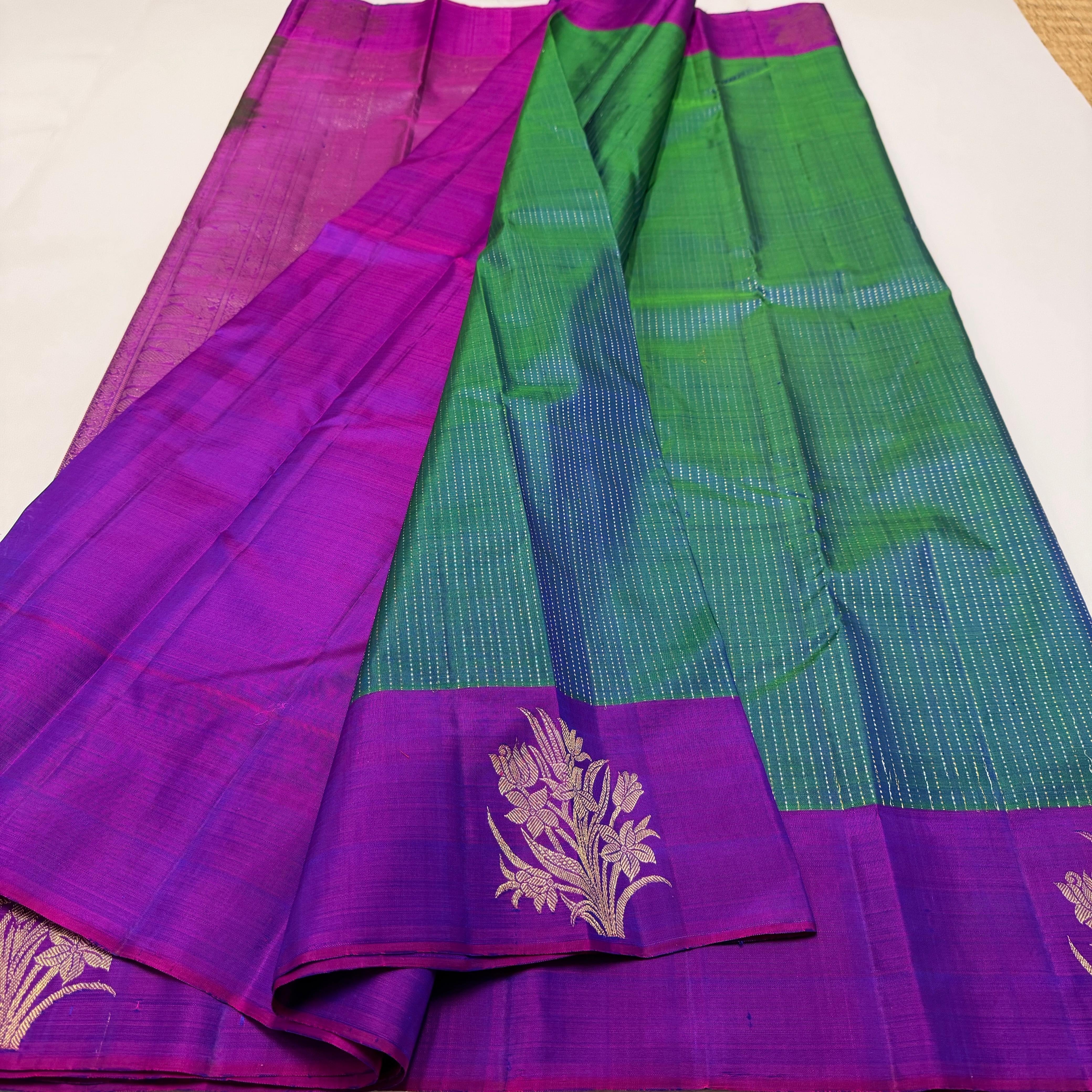 Classic Peacock Green & Vadamalli 2gm Zari Kanchipuram Handloom Silk Saree SS26298