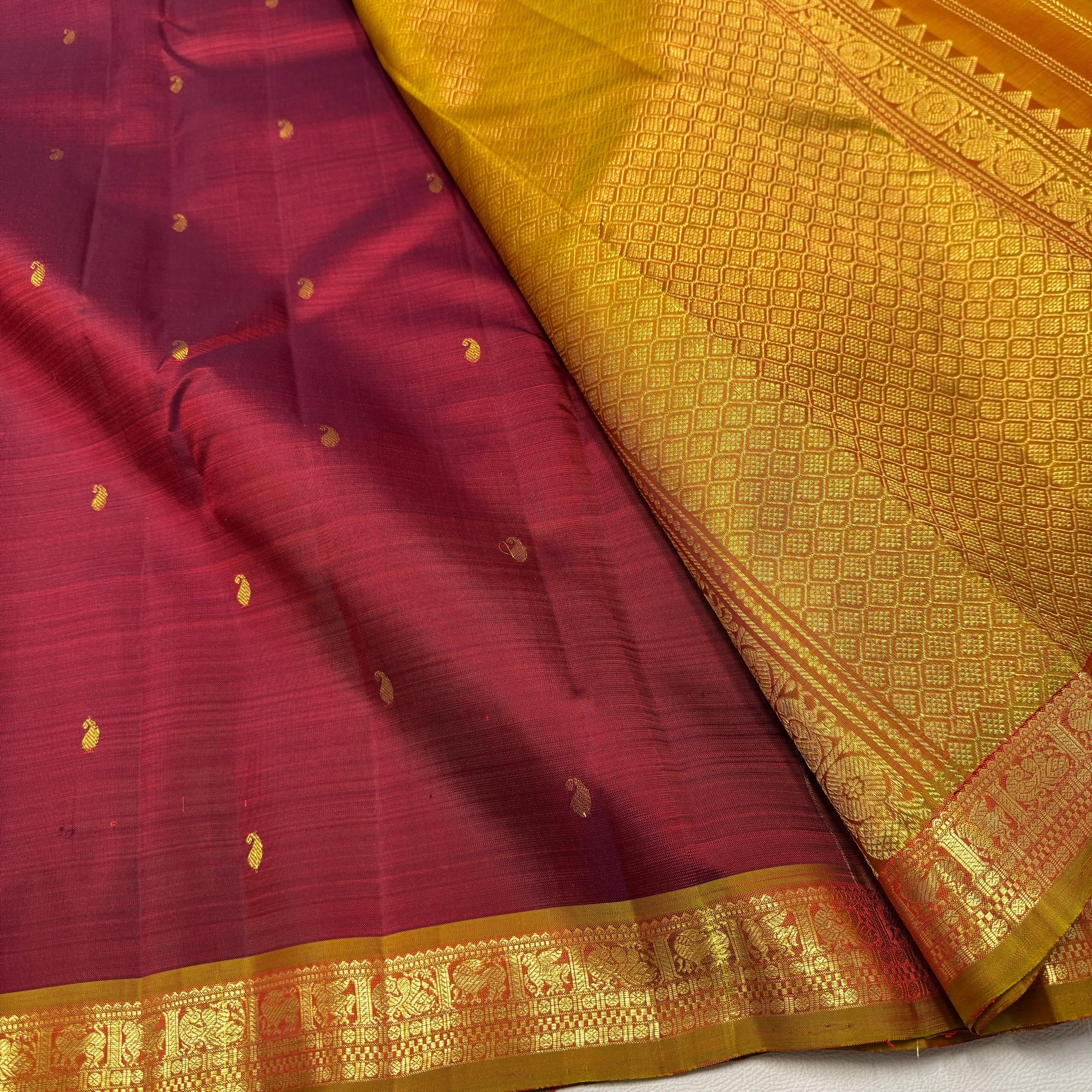 Classic Maroon & Mustard 1gm Zari Elegance Kanchipuram Handloom Silk Saree SS25191