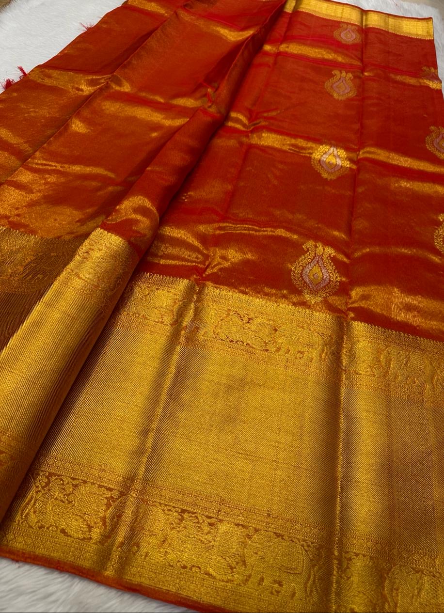 Classic Gold Red Blend Bridal Elegance Kanchipuram Handloom Silk Saree SS20178