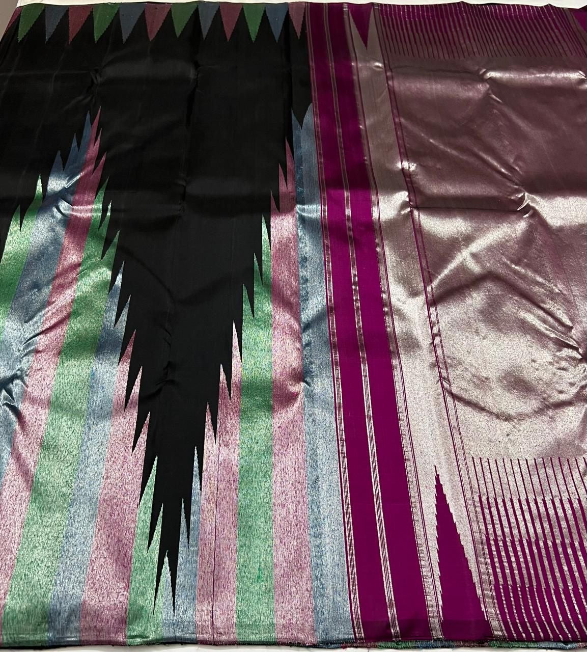 Classic Charcoal Black Silver Multi Color Rising Border 2gm Zari Kanchipuram Handloom Silk Saree SS25578