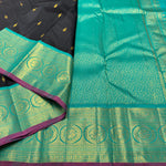 Load image into Gallery viewer, Classic Charcoal Black &amp; Turquoise Green 2gm Zari Kanchipuram Handloom Silk Saree SS25636
