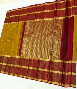 Classic Mustard & Maroon 2gm Zari Vaira Oosi Elegance Kanchipuram Handloom Silk Saree SS25336