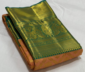 Classic Sunset Peach & Teal Green 2gm Zari Brocade Bridal Elegance Kanchipuram Handloom Silk Saree SS23636