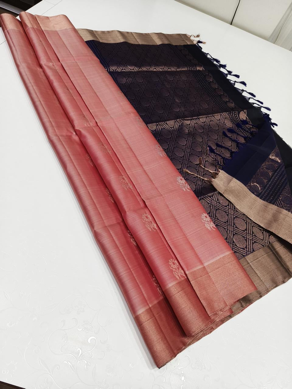 Pastel Rose & Midnight Blue Elegance Handloom Soft Silk Saree SS25598