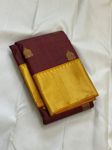 Classic Deep Brown & Golden Yellow 2gm Zari Kanchipuram Handloom Silk Saree SS25623