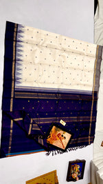 Load image into Gallery viewer, Classic White &amp; Navy Blue Kanchipuram Handloom Silk Saree SS26259
