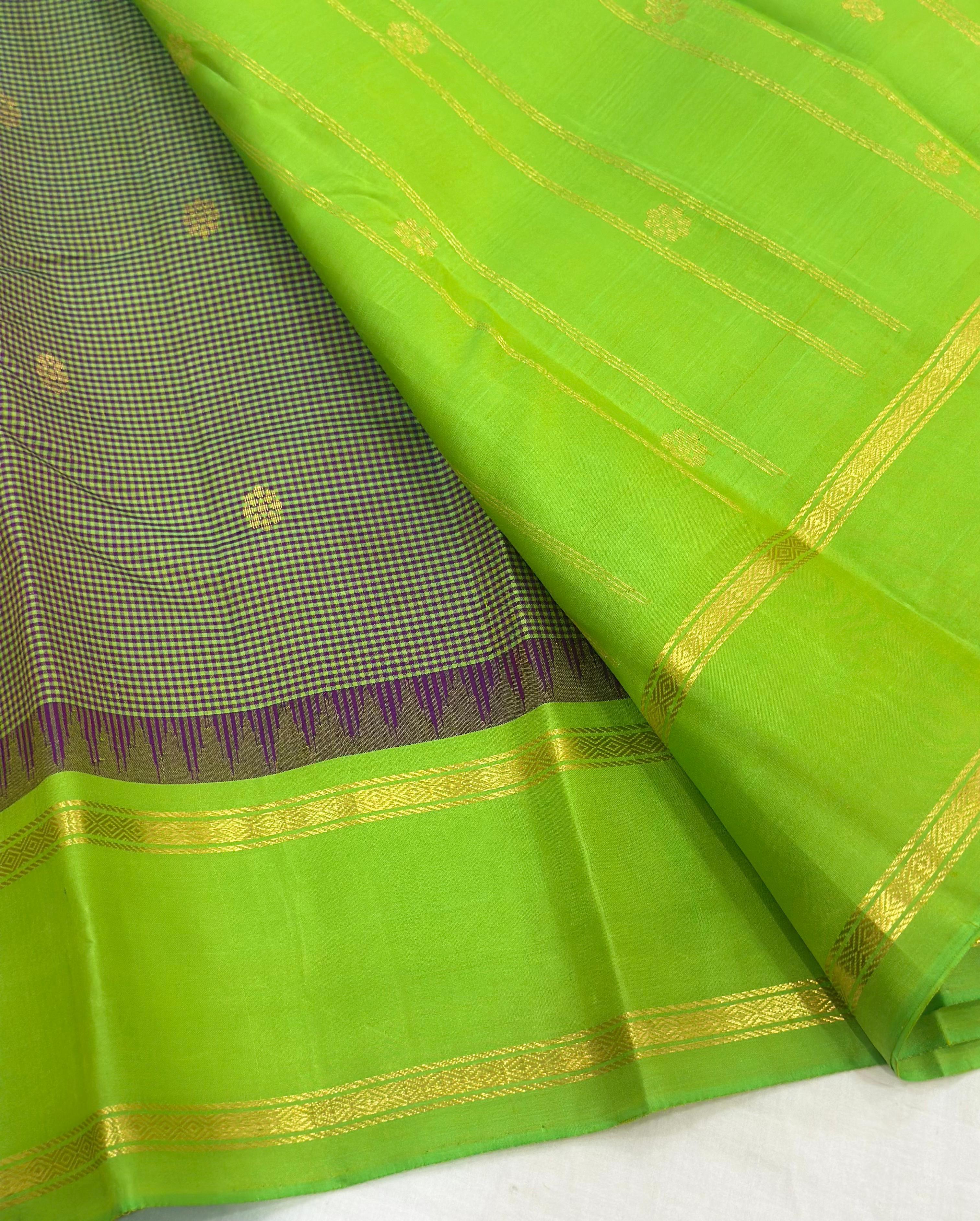 Classic Olive Green & Lime Green 1gm Zari Kanchipuram Handloom Silk Saree SS26393