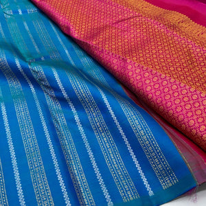 Classic Peacock Blue & Magenta 1gm Zari Elegance Kanchipuram Handloom Silk Saree SS24756