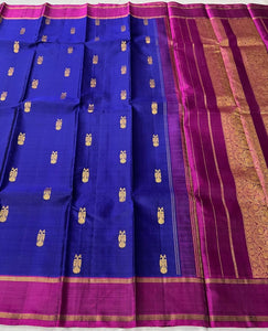 Classic Blue & Wine Plum 2gm Zari Elegance Kanchipuram Handloom Silk Saree SS24123