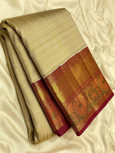 Classic Cream Beige & Barn Red 2gm Zari Meena Border Kanchipuram Handloom Silk Saree SS25591