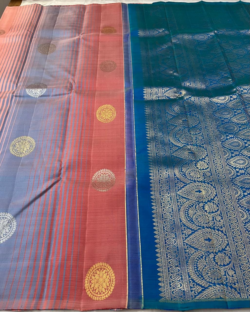 Classic Dusky Rose & Azure Blue 2gm Zari Elegance Kanchipuram Handloom Silk Saree SS25236