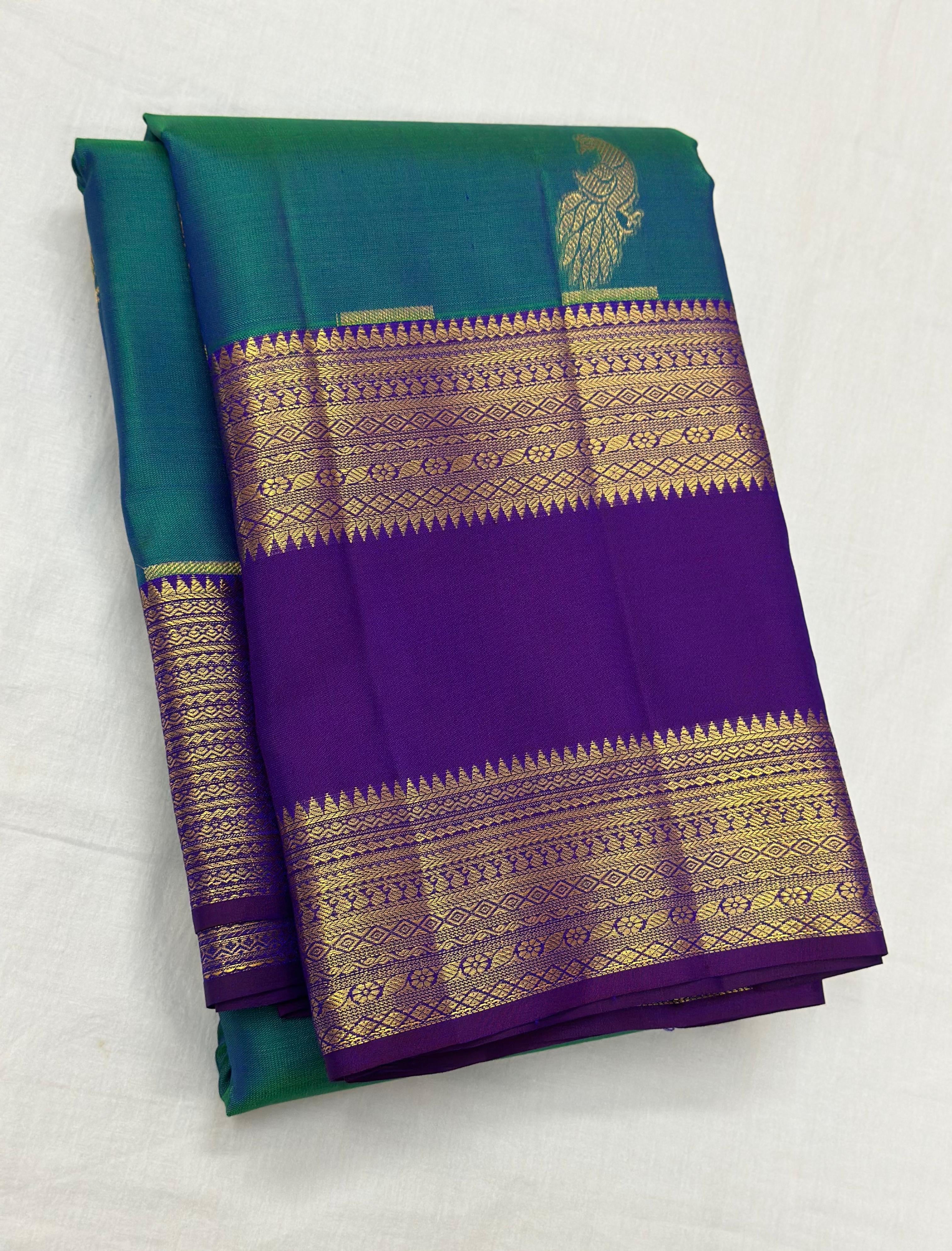 Classic Peacock Blue 1gm Zari Elegance Kanchipuram Handloom Silk Saree SS24198