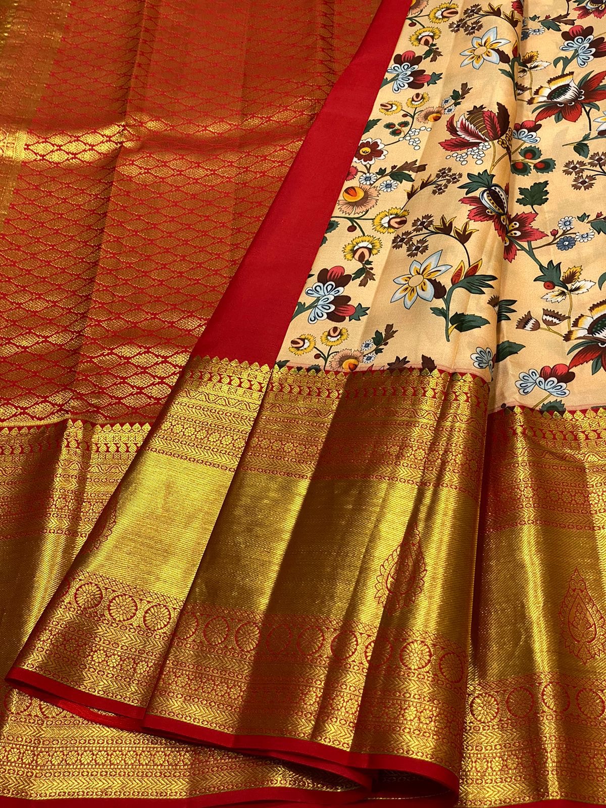 Classic Peach & Chilly Red Kalamkari Digital Print Bridal Elegance Kanchipuram Handloom Silk Saree SS23907