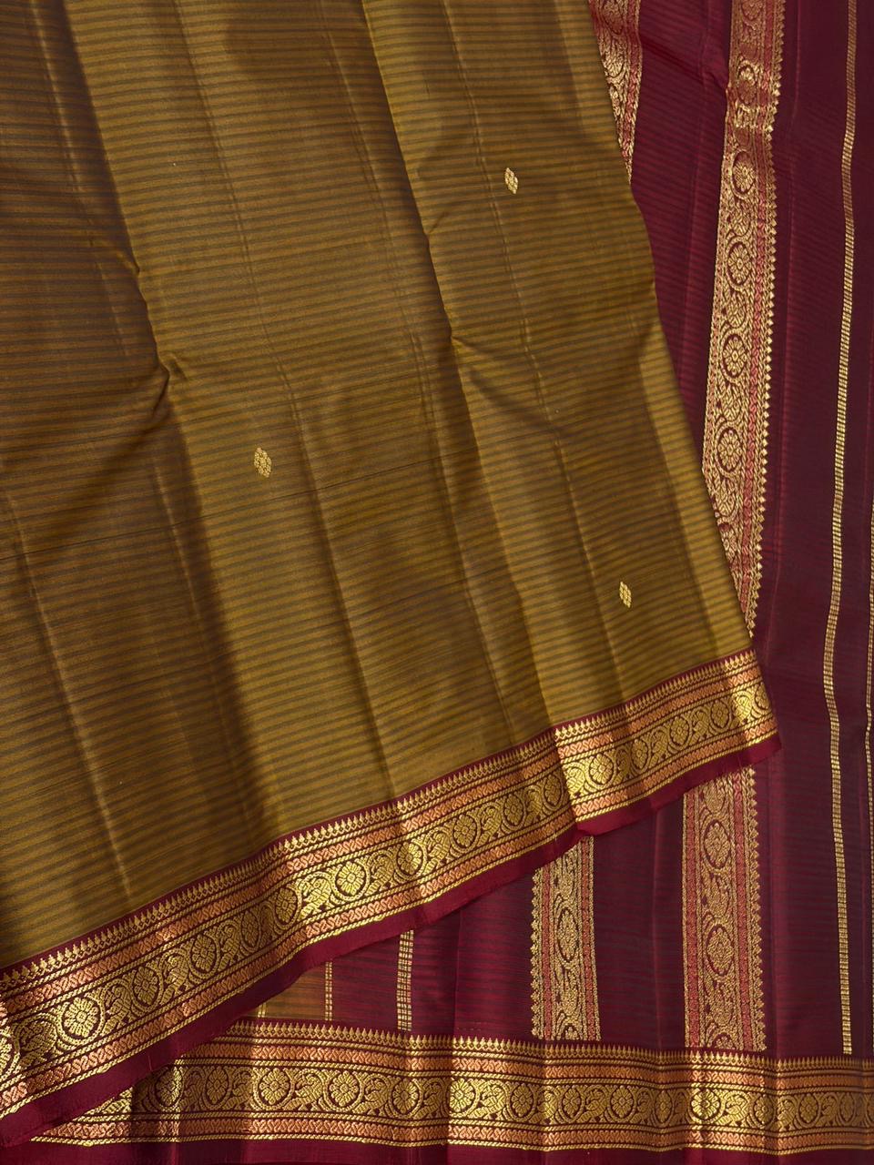 Classic Mustard & Plum Traditional Butta Kanchipuram Handloom Silk Saree SS26594