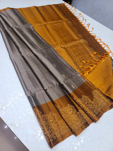 Classic Silver Grey & Mustard Elegance Handloom Soft Silk Saree SS25309