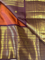 Load image into Gallery viewer, Classic Rustic Orange &amp; Brown 2gm Zari Elegance Kanchipuram Handloom Silk Saree SS27909
