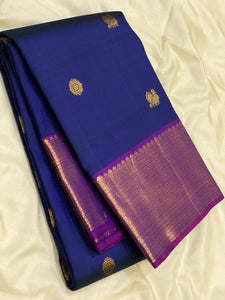 Classic Navy Blue & Wine Fuchsia 2gm Zari Elegance Kanchipuram Handloom Silk Saree SS24699